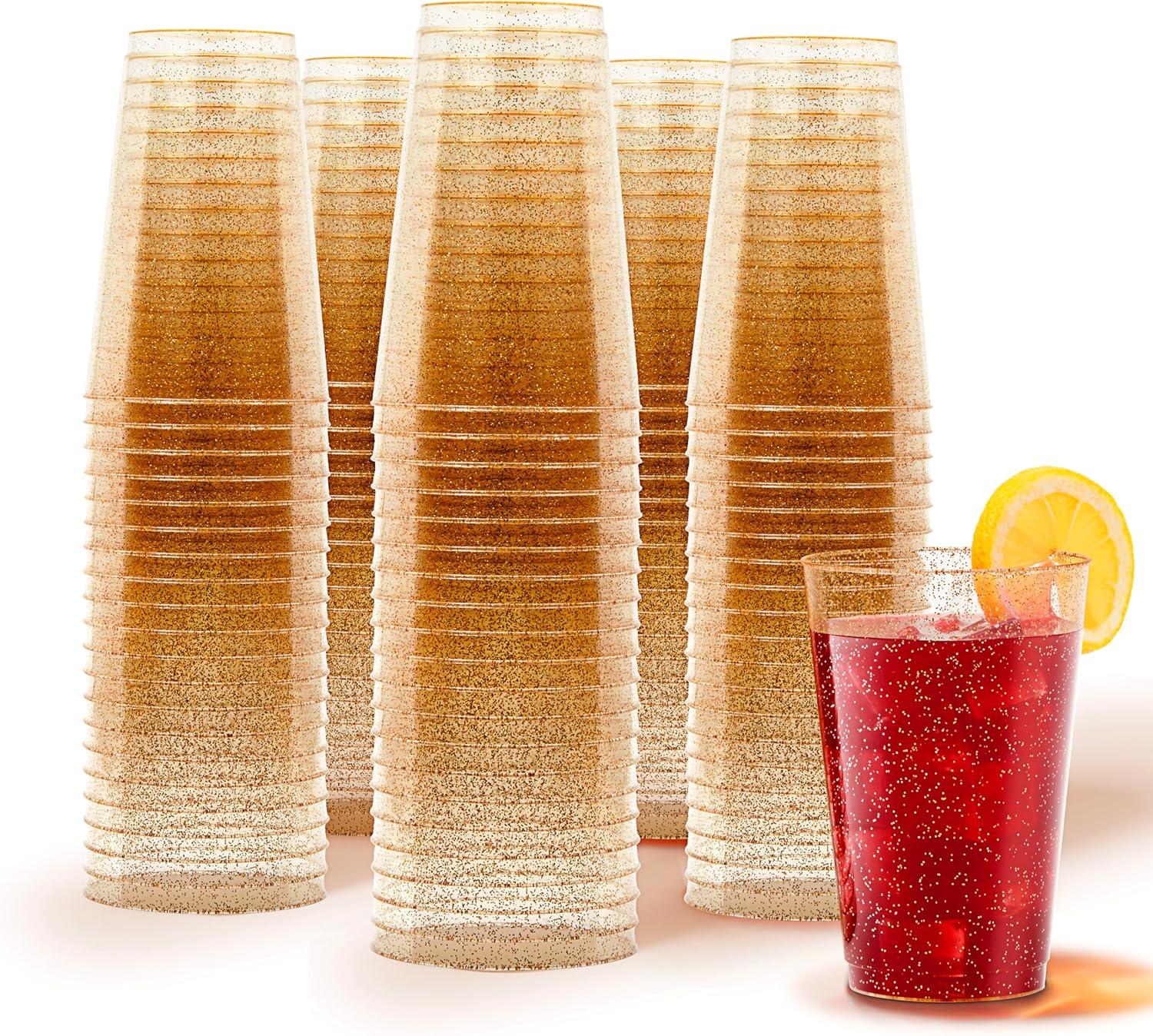 imageStock Your Home 9oz Gold Glitter Plastic Cups 100 Pack Elegant Party Cups for Birthday Parties Weddings and Holidays Fancy Disposable Cocktail Glasses Clear and Gold Bulk Wine and Mimosa Cups100