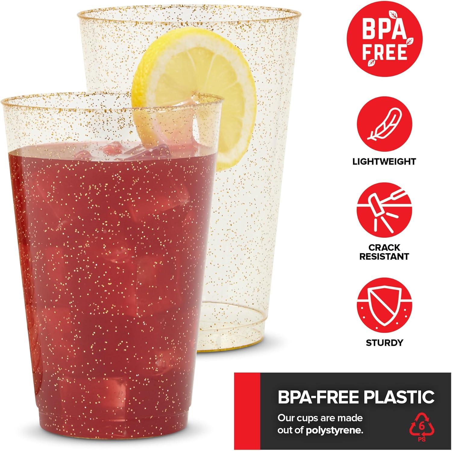 imageStock Your Home 9oz Gold Glitter Plastic Cups 100 Pack Elegant Party Cups for Birthday Parties Weddings and Holidays Fancy Disposable Cocktail Glasses Clear and Gold Bulk Wine and Mimosa Cups600