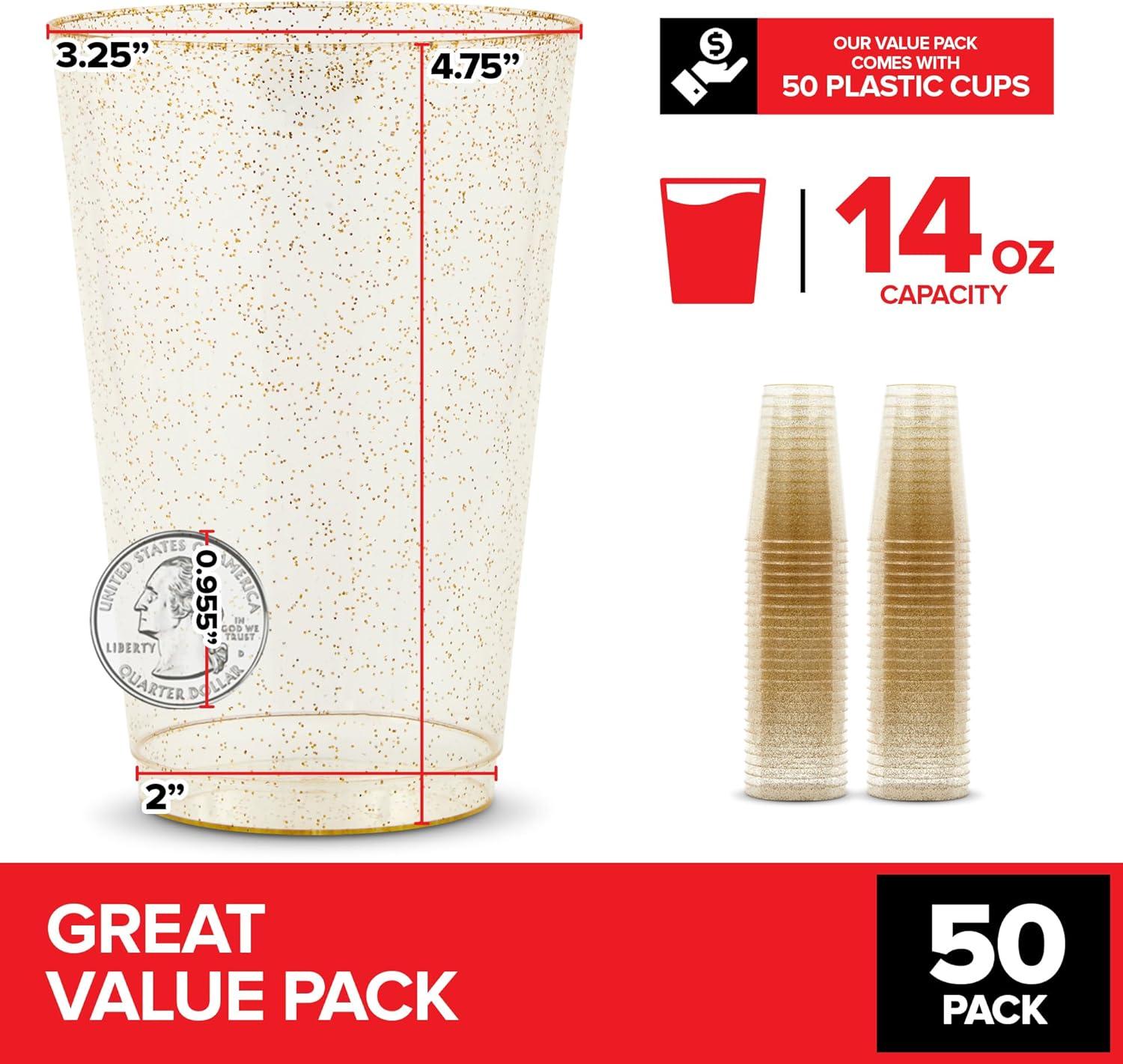 imageStock Your Home 9oz Gold Glitter Plastic Cups 100 Pack Elegant Party Cups for Birthday Parties Weddings and Holidays Fancy Disposable Cocktail Glasses Clear and Gold Bulk Wine and Mimosa Cups50