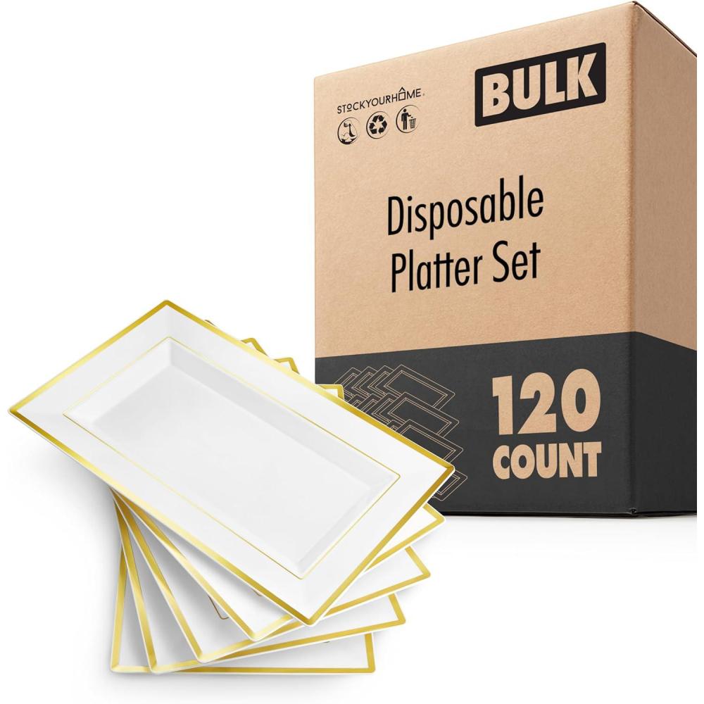 image12 Pcs Premium White and Gold Plastic Serving Tray Plastic Serving Platter Disposable White Rectangle Party Trays and Platters for Fruit Dessert Cookies Appetizers Holiday Parties120