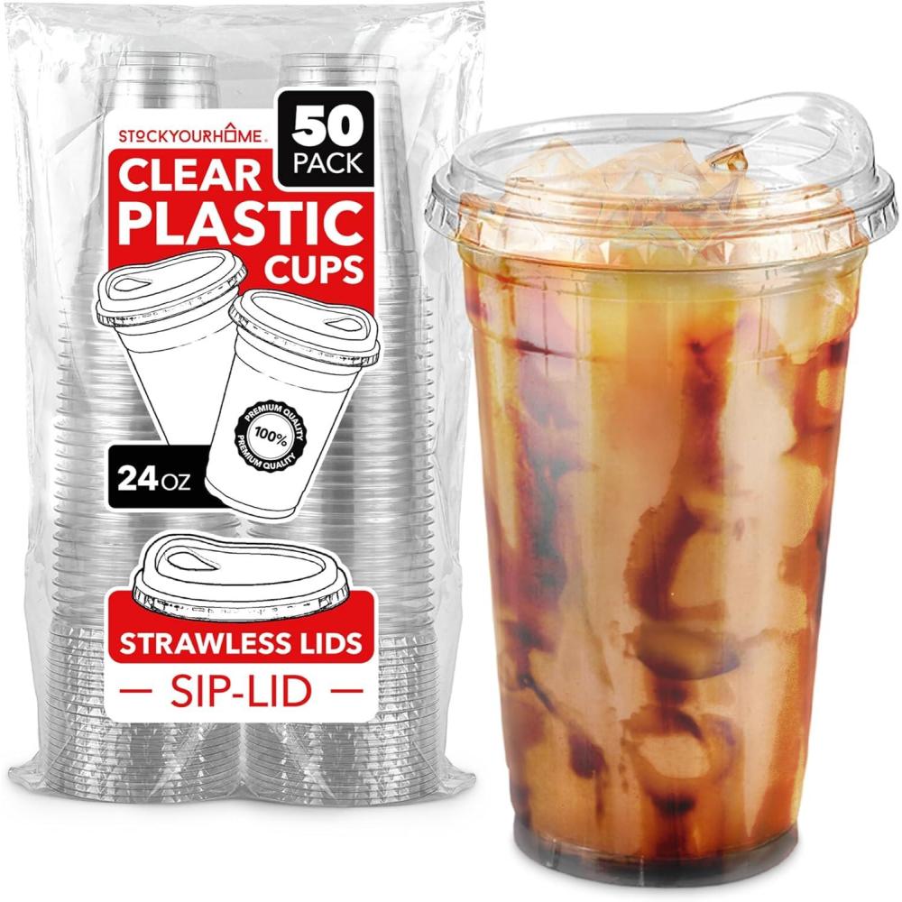 image20 oz Clear Plastic Cups with Lids Disposable Togo Drinking Cup with Strawless Sip Lid for Smoothie Cold Brew Iced Coffee Lemonade Ice Latte Boba Party Drinks Bulk 20 Ounce Set of 5024 oz