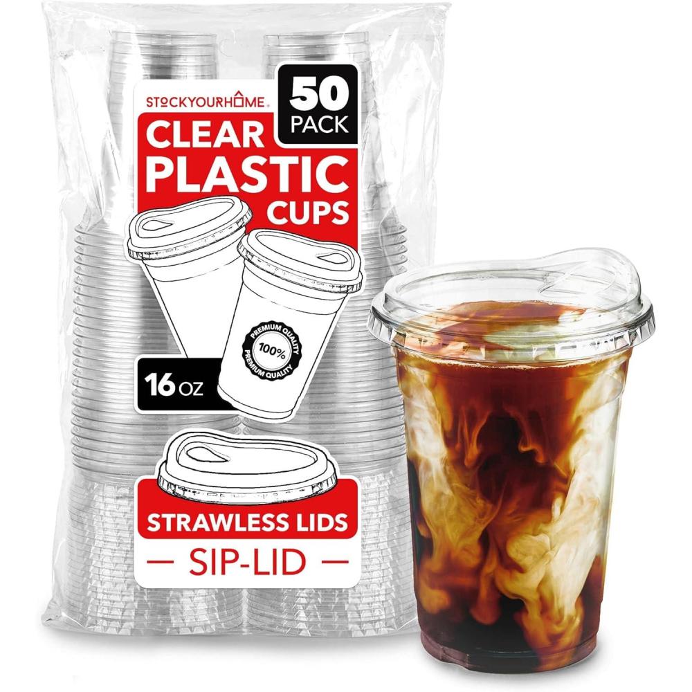 image20 oz Clear Plastic Cups with Lids Disposable Togo Drinking Cup with Strawless Sip Lid for Smoothie Cold Brew Iced Coffee Lemonade Ice Latte Boba Party Drinks Bulk 20 Ounce Set of 5016 oz