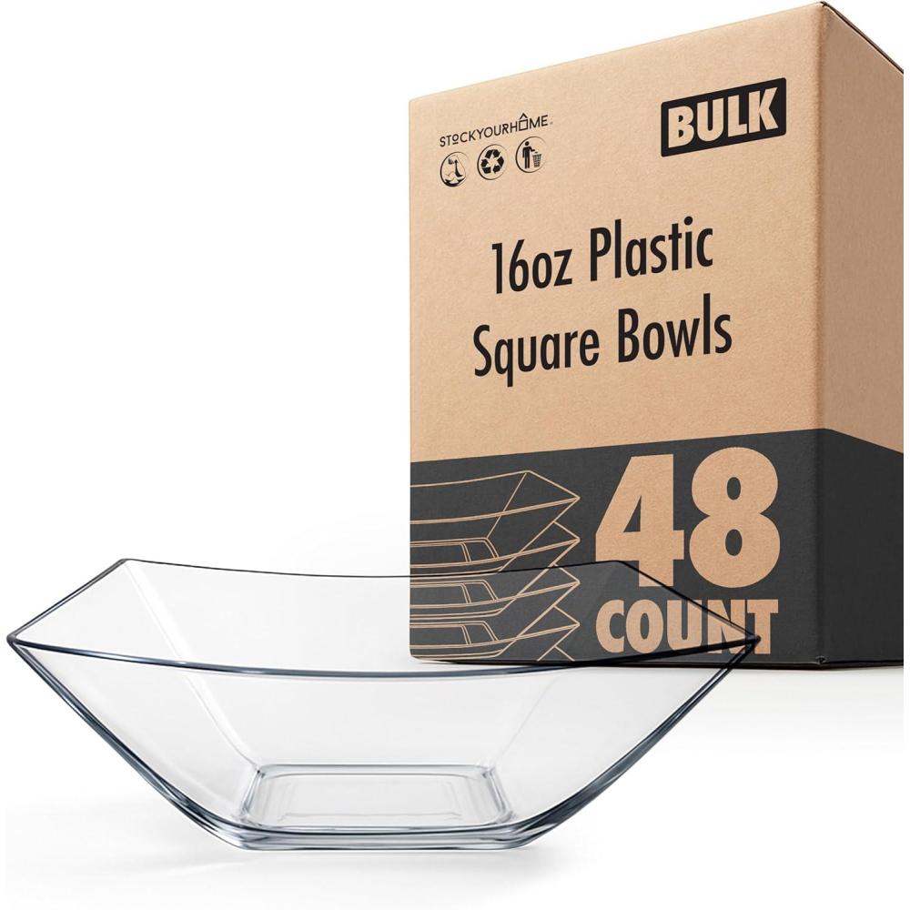 image64oz Clear Plastic Serving Bowls 4 Pack Large Disposable Candy Dishes Square Plastic Buffet Containers for Chips Snacks Mints Salad Bar Snack Bowl Parties Office Bridal Shower Party Supplies48