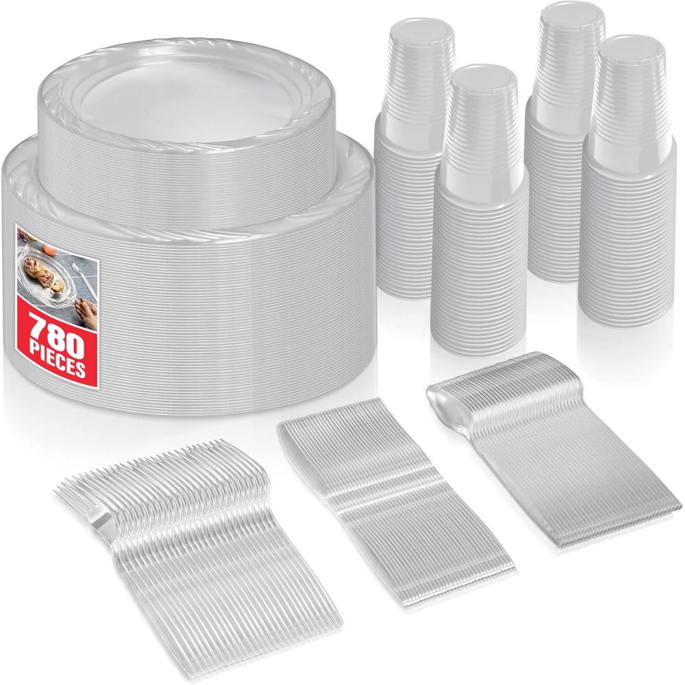 image780 Piece Clear Plastic Dinnerware Set Service for 120 Guests Heavy Duty Every Day Use Plastic Plates Cups and Utensils Disposable Dinnerware Set for Weddings Graduations and Birthday Parties