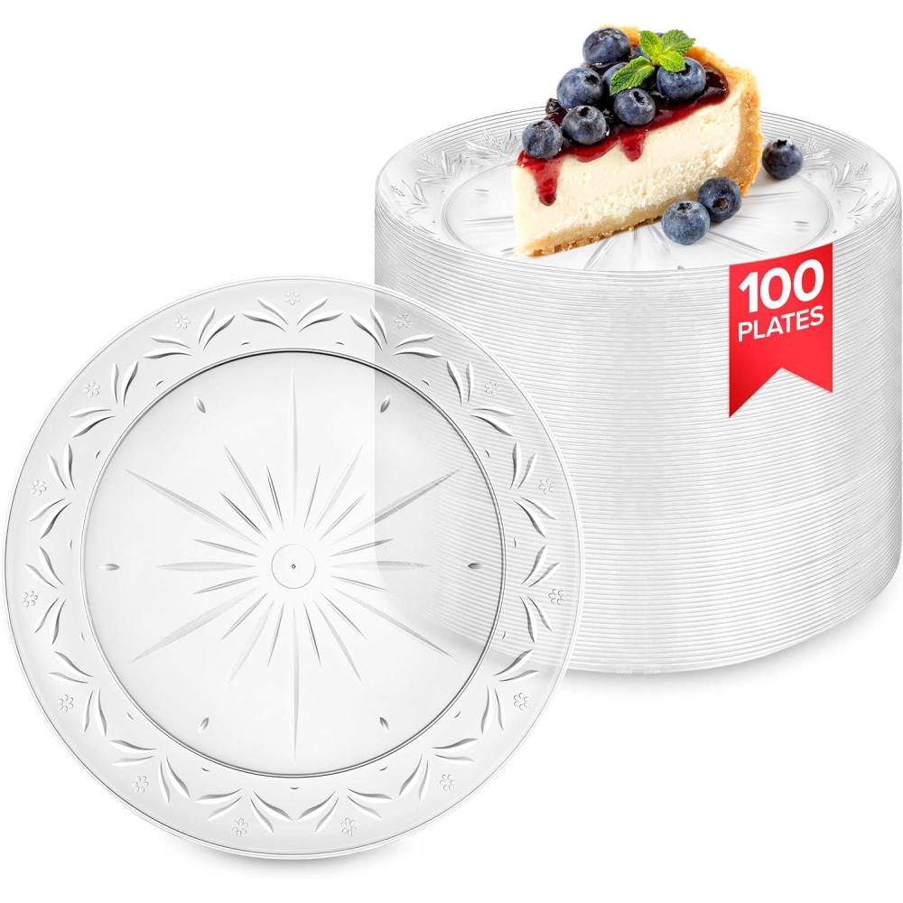 imageStock Your Home 100 Count Premium Clear Plastic Plates 7 Inch Small Appetizer Dessert and Party Plates Heavy Duty Hard Plastic Disposable Wedding Cake Plates Crystal Clear for Holiday Parties7 Inch