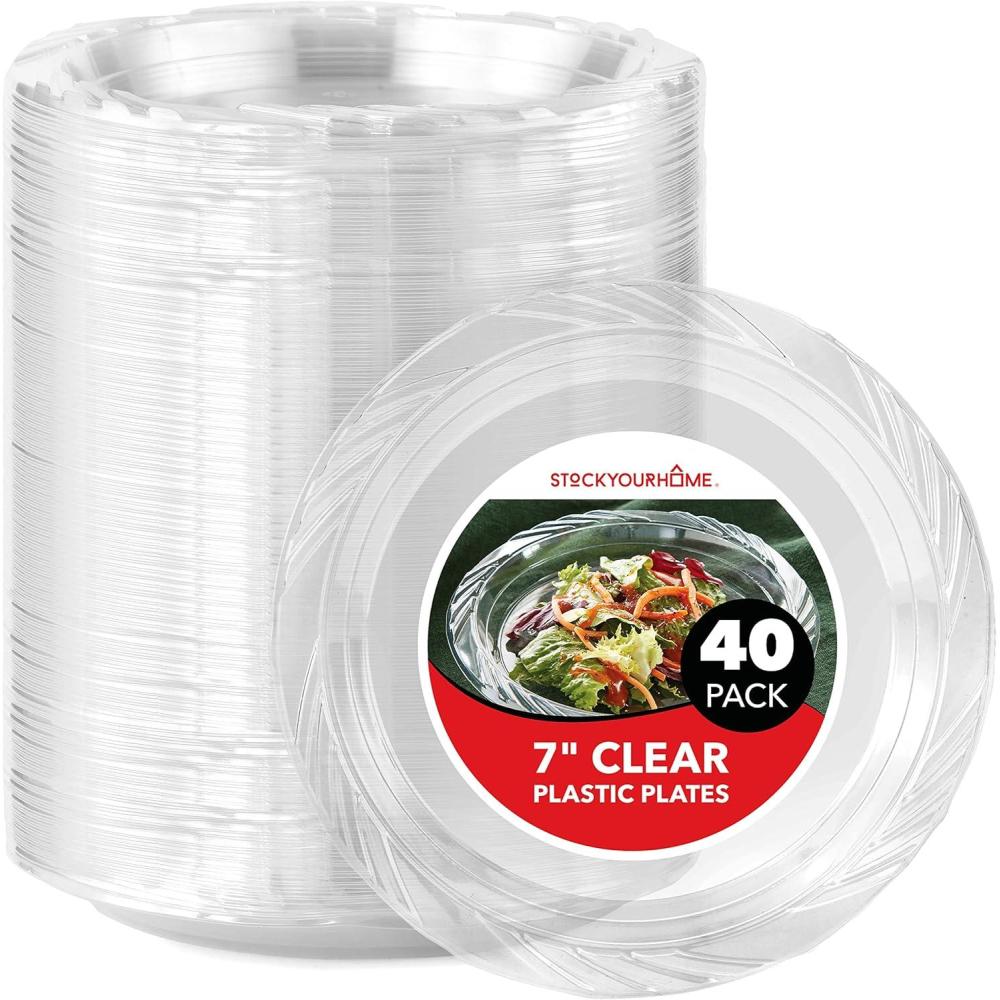 imageStock Your Home 120Count 9 Inch Clear Plastic Plates Flexible Disposable Heavy Duty Party Dinner Plate for Wedding Reception Holiday Parties Mains Sides Salad and Dessert Large Size7 Inch