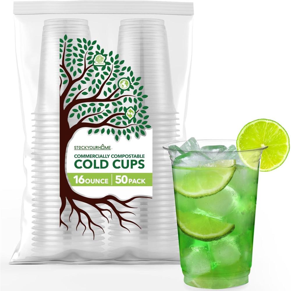 imageStock Your Home 16 oz Clear Commercially Compostable Cold Cups 50 Pack Eco Party Cup Environmentally Friendly Disposable Sustainable for Water Wine Beer Sample
