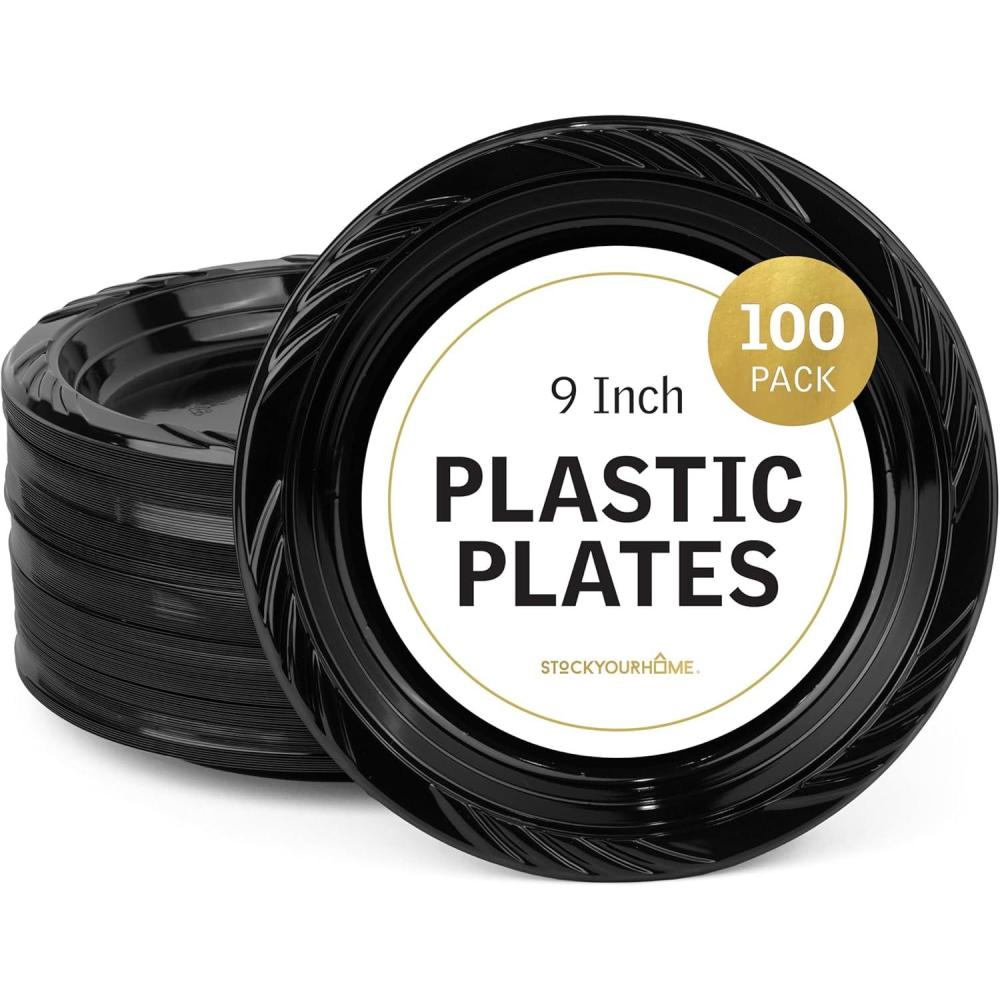 imageStock Your Home 9 Inch Black Plastic Plates 100 Count Large Disposable Black Plastic Party Plates for Dinner Parties Cake Halloween Dinnerware Supplies100