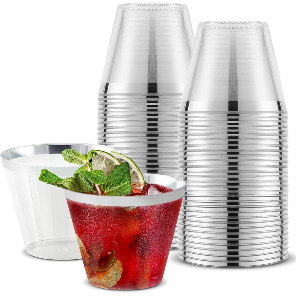 imageStock Your Home 9 oz Clear Disposable Plastic Cups 100 Pack Elegant Tumblers Glasses for Birthday Parties Weddings Holidays Dessert Tumbler Bulk Drinking Cup for Fruit Punch Cocktails WineSilver Rim
