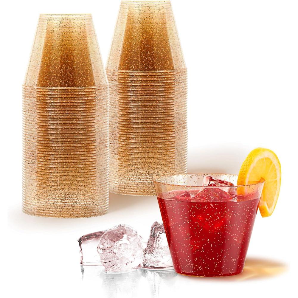 imageStock Your Home 9oz Gold Glitter Plastic Cups 100 Pack Elegant Party Cups for Birthday Parties Weddings and Holidays Fancy Disposable Cocktail Glasses Clear and Gold Bulk Wine and Mimosa Cups50