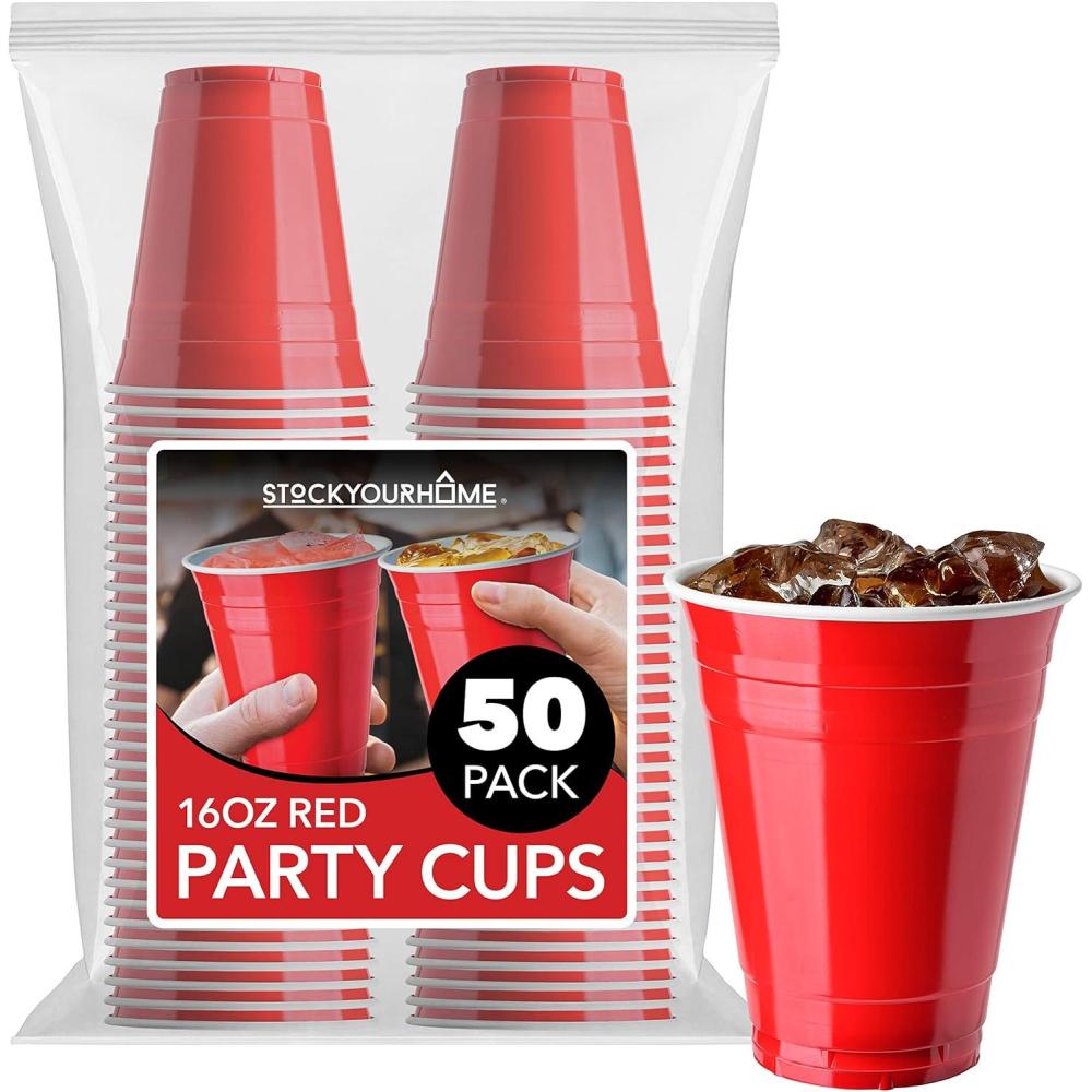 imageStock Your Home Blue Plastic Cups Disposable 16oz 50 Count HeavyDuty Large Party Cup Pack Bulk Pack for Drinking Punch Soda Wine Beer 4th of July HalloweenRed