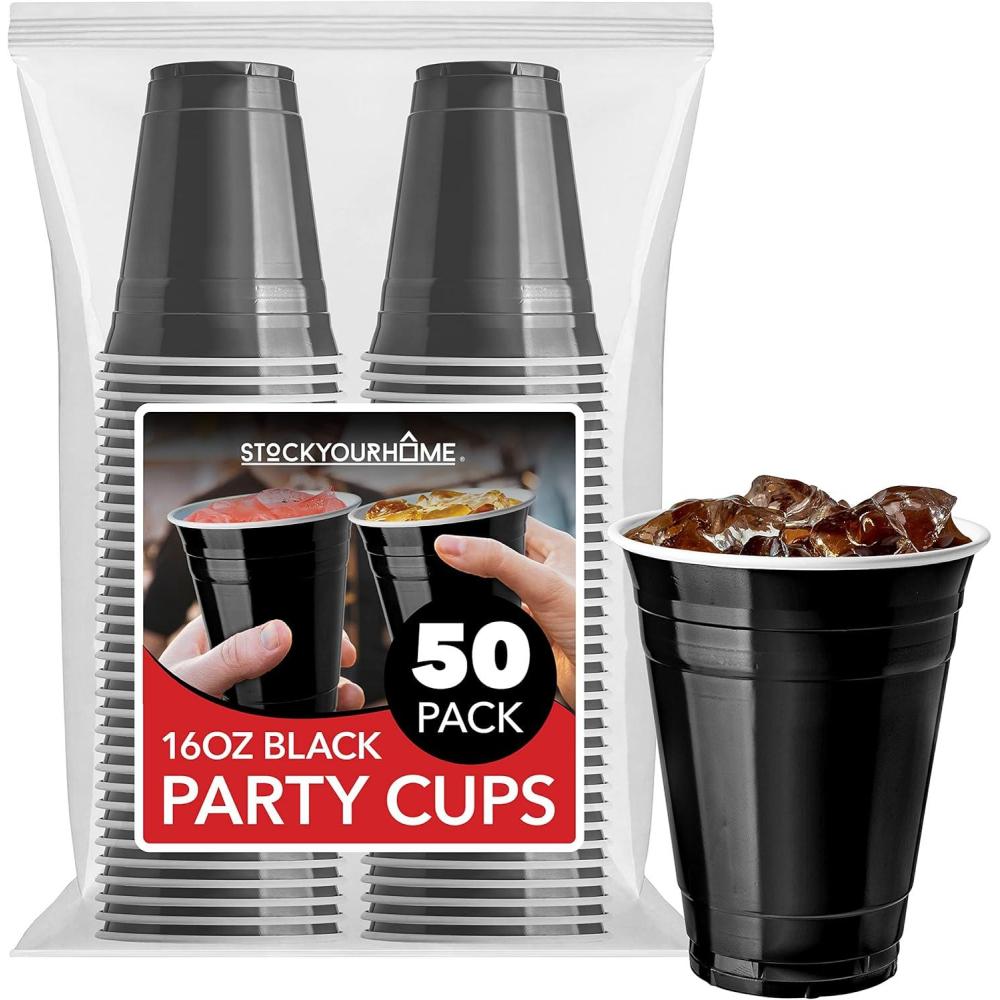 imageStock Your Home Blue Plastic Cups Disposable 16oz 50 Count HeavyDuty Large Party Cup Pack Bulk Pack for Drinking Punch Soda Wine Beer 4th of July HalloweenBlack