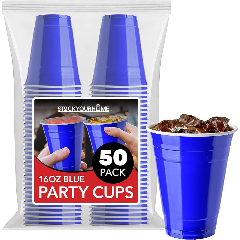 imageStock Your Home Blue Plastic Cups Disposable 16oz 50 Count HeavyDuty Large Party Cup Pack Bulk Pack for Drinking Punch Soda Wine Beer 4th of July HalloweenBlue