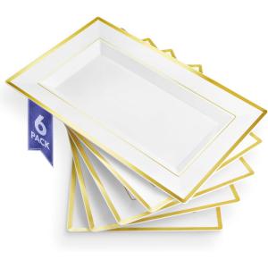 (12 Pcs) Premium White and Gold Plastic Serving Tray, Plastic Serving Platter Disposable, White Rectangle Party Trays and Platters for Fruit, Dessert, Cookies, Appetizers, Holiday Parties(6)