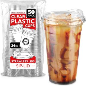 20 oz Clear Plastic Cups with Lids Disposable, Togo Drinking Cup with Strawless Sip Lid for Smoothie, Cold Brew Iced Coffee, Lemonade, Ice Latte, Boba, Party Drinks, Bulk, 20 Ounce (Set of 50)(24 oz)