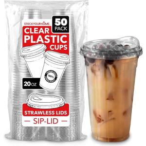 20 oz Clear Plastic Cups with Lids Disposable, Togo Drinking Cup with Strawless Sip Lid for Smoothie, Cold Brew Iced Coffee, Lemonade, Ice Latte, Boba, Party Drinks, Bulk, 20 Ounce (Set of 50)(20 oz)