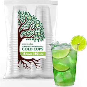 Stock Your Home 16 oz Clear Commercially Compostable Cold Cups (50 Pack), Eco Party Cup, Environmentally Friendly Disposable Sustainable for Water, Wine, Beer Sample