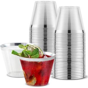 Stock Your Home 9 oz Clear Disposable Plastic Cups (100 Pack) Elegant Tumblers Glasses for Birthday Parties, Weddings, Holidays, Dessert Tumbler, Bulk Drinking Cup for Fruit Punch, Cocktails, Wine(Silver Rim)