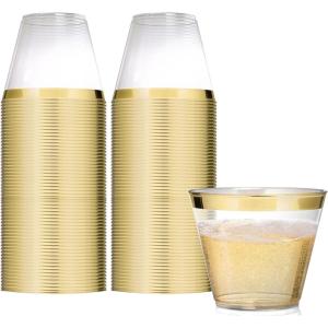 Stock Your Home 9 oz Clear Disposable Plastic Cups (100 Pack) Elegant Tumblers Glasses for Birthday Parties, Weddings, Holidays, Dessert Tumbler, Bulk Drinking Cup for Fruit Punch, Cocktails, Wine(Gold Rim)