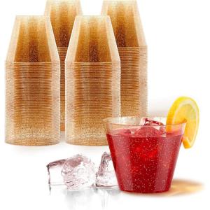 Stock Your Home 9oz Gold Glitter Plastic Cups (100 Pack), Elegant Party Cups for Birthday Parties, Weddings, and Holidays, Fancy Disposable Cocktail Glasses, Clear and Gold, Bulk Wine and Mimosa Cups(100)
