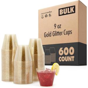 Stock Your Home 9oz Gold Glitter Plastic Cups (100 Pack), Elegant Party Cups for Birthday Parties, Weddings, and Holidays, Fancy Disposable Cocktail Glasses, Clear and Gold, Bulk Wine and Mimosa Cups(600)