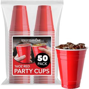 Stock Your Home Blue Plastic Cups Disposable, 16oz (50 Count) Heavy-Duty, Large Party Cup Pack Bulk Pack for Drinking Punch, Soda, Wine, Beer, 4th of July, Halloween(Red)