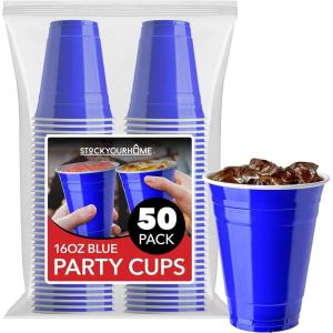 Stock Your Home Blue Plastic Cups Disposable, 16oz (50 Count) Heavy-Duty, Large Party Cup Pack Bulk Pack for Drinking Punch, Soda, Wine, Beer, 4th of July, Halloween(Blue)