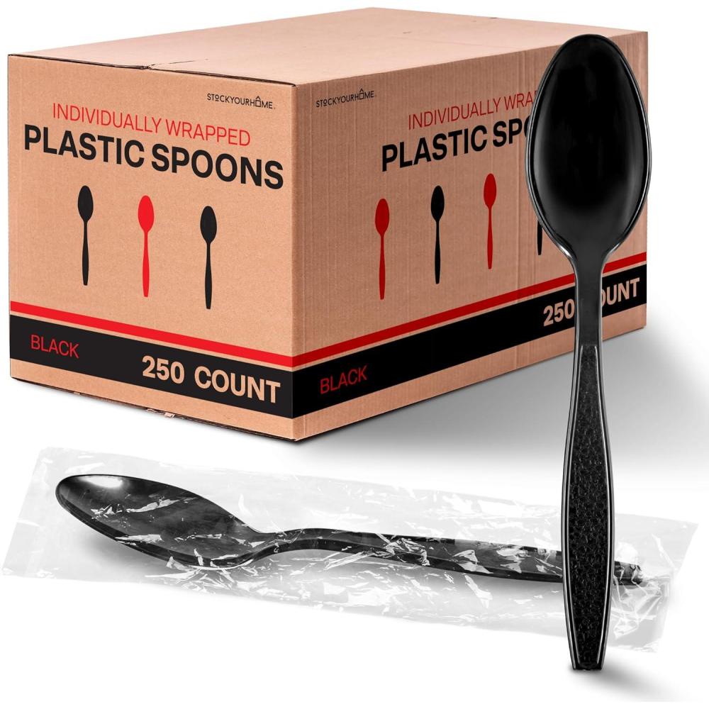 imageStock Your Home Heavyweight Plastic Spoons 250 Count Disposable Bulk Pack Individual Wrapped Heavy Duty Party SuppliesSpoons
