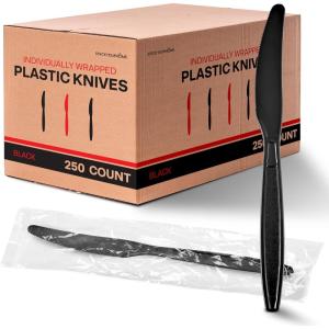 Stock Your Home Heavyweight Plastic Spoons, 250 Count, Disposable Bulk Pack, Individual Wrapped, Heavy Duty Party Supplies(Knives)
