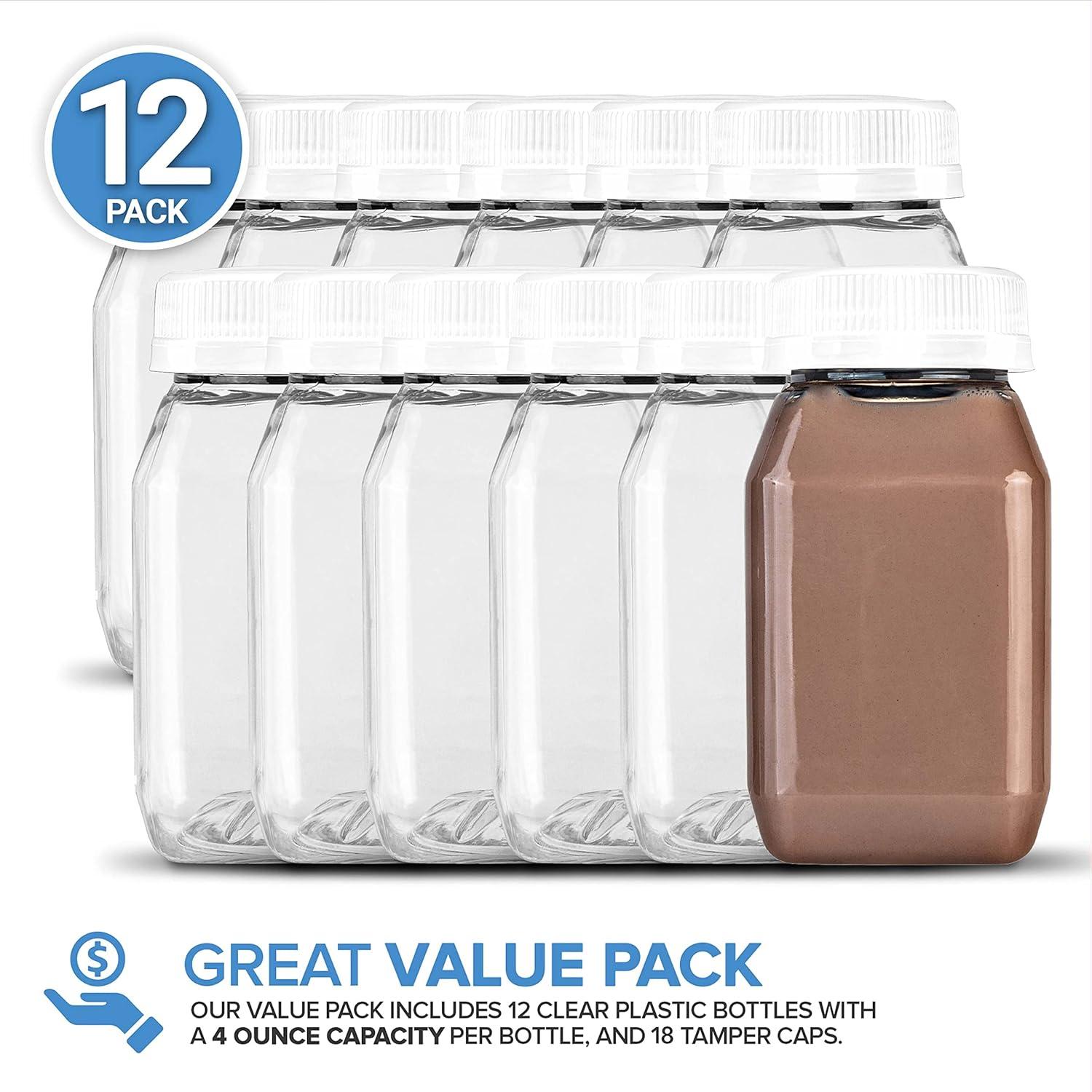imageStock Your Home 4 Ounce Mini Bottles for Mini Fridge Reusable Juice Containers with White Caps Small Bottle for Liquids in Lunch Box Clear Empty Plastic Container with Lids for Juicing 12 PackWhite Cap