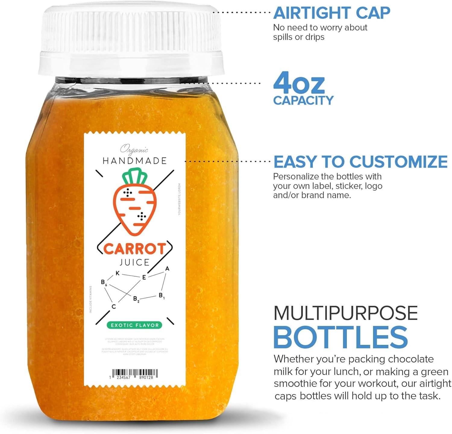 imageStock Your Home 4 Ounce Mini Bottles for Mini Fridge Reusable Juice Containers with White Caps Small Bottle for Liquids in Lunch Box Clear Empty Plastic Container with Lids for Juicing 12 PackWhite Cap