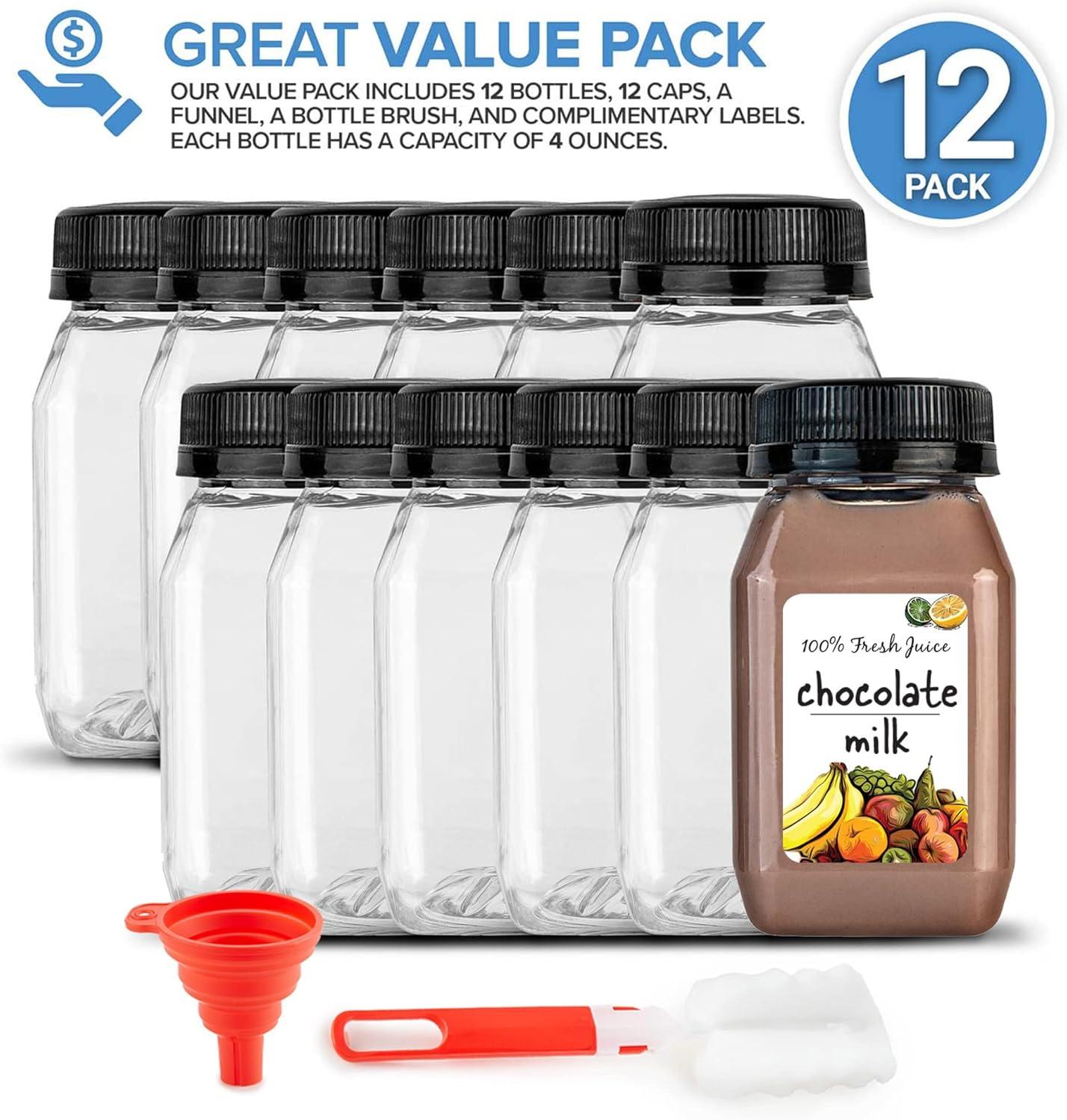 imageStock Your Home 4 Ounce Mini Bottles for Mini Fridge Reusable Juice Containers with White Caps Small Bottle for Liquids in Lunch Box Clear Empty Plastic Container with Lids for Juicing 12 PackBlack Caps