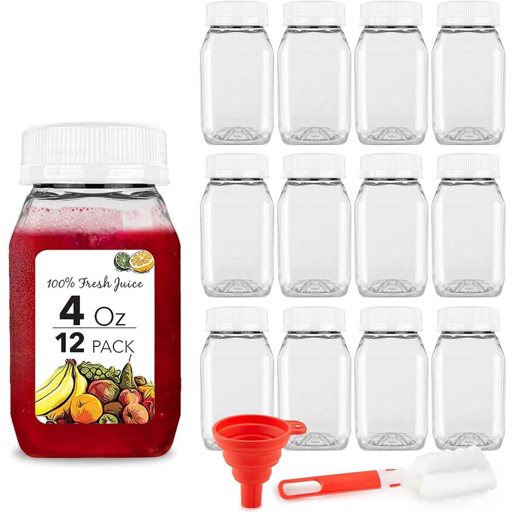 imageStock Your Home 4 Ounce Mini Bottles for Mini Fridge Reusable Juice Containers with White Caps Small Bottle for Liquids in Lunch Box Clear Empty Plastic Container with Lids for Juicing 12 PackWhite Cap