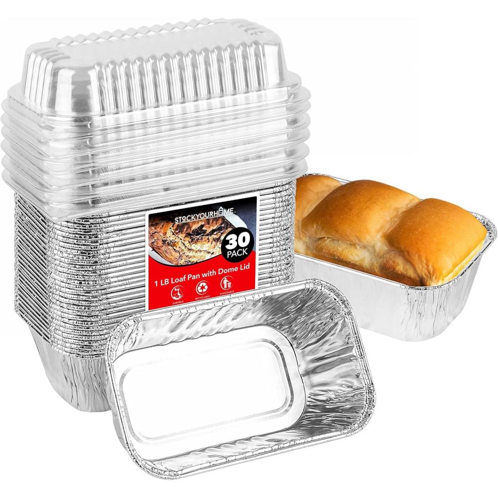 imageStock Your Home Disposable Aluminum Mini Loaf Pans with Lids 1 lb 30 Pack Foil Baking Tins with Plastic Dome Lid Tin Pans for Cake Bread Holiday Baked Goods Packaging