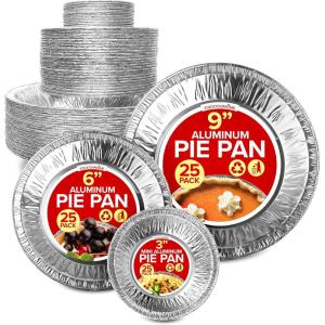 Stock Your Home Disposable Aluminum Foil Pie Pans Set (75 PCS) Heavy Duty Baking Pans (25) 9”, (25) 6”, (25) 3” Inch Cooking, Heating, Food Prep, Holiday Dinner Meals