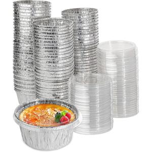 Stock Your Home Foil Ramekins with Clear Plastic Lids (100 Pack) – Recyclable and Disposable Mini Ramekins – Foil Cupcake Liners for Sauces, Crème Brûlée, Molten Lava Cake, Catering, Food Sampling