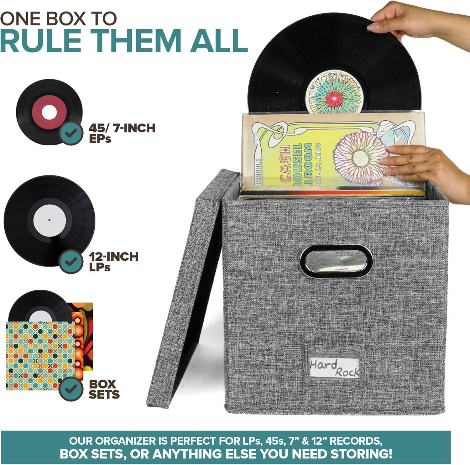 imageVinyl Record Storage Box for up to 50 12Inch Albums Records Crate LP Album Storage Fabric Storage Boxes with Lids for Moving Office Closet Home Organizer 13x13x13 GrayGray