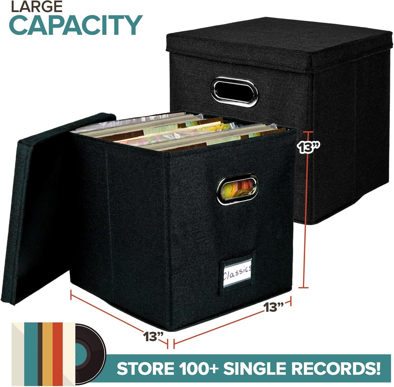 imageVinyl Record Storage Box for up to 50 12Inch Albums Records Crate LP Album Storage Fabric Storage Boxes with Lids for Moving Office Closet Home Organizer 13x13x13 GrayBlack