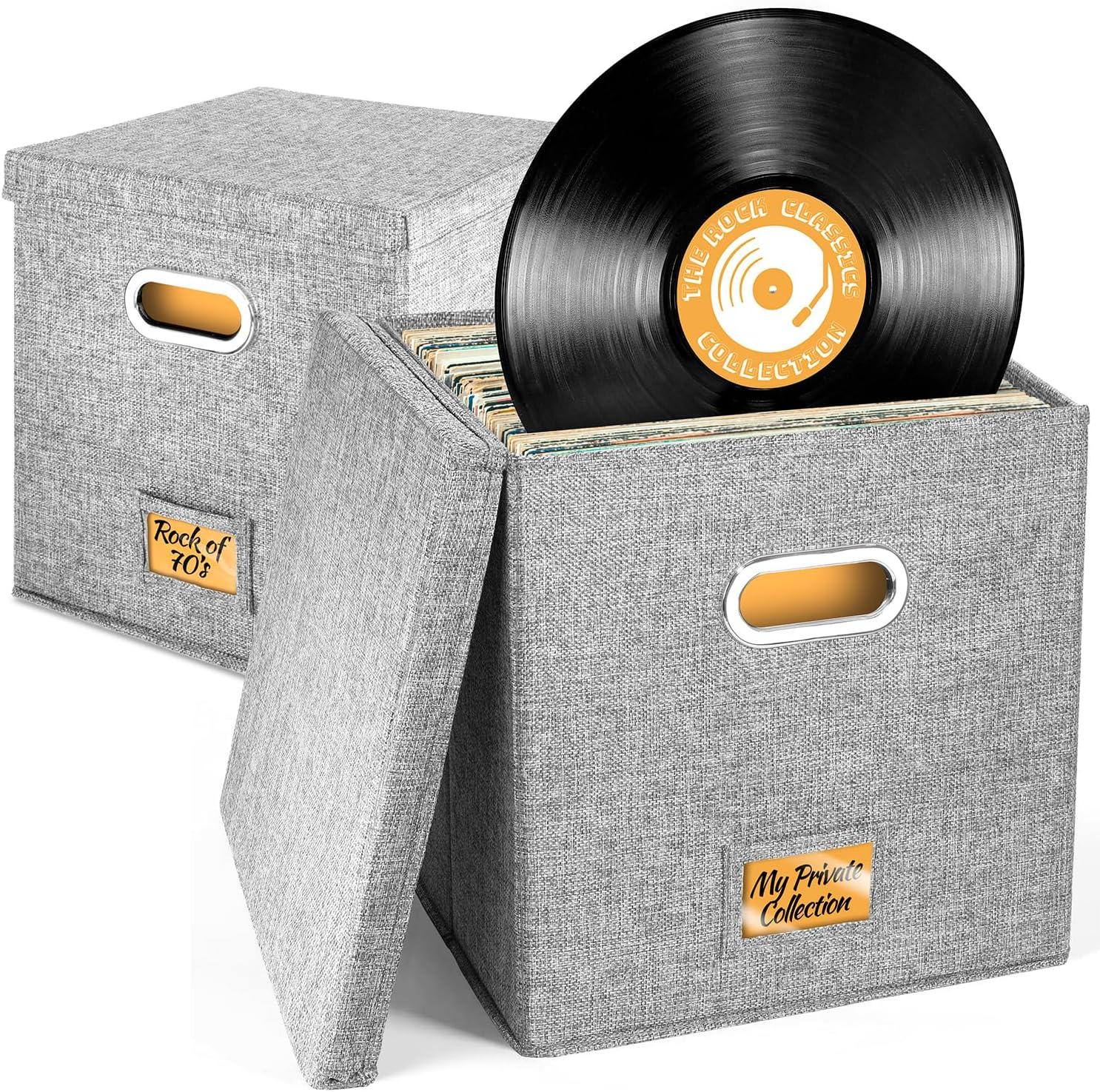 imageVinyl Record Storage Box for up to 50 12Inch Albums Records Crate LP Album Storage Fabric Storage Boxes with Lids for Moving Office Closet Home Organizer 13x13x13 GrayGray
