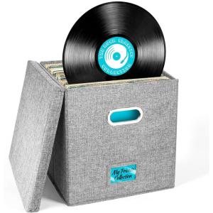 Vinyl Record Storage Box for up to 50+ 12-Inch Albums, Records Crate, LP Album Storage, Fabric Storage Boxes with Lids for Moving, Office, Closet, Home Organizer 13x13x13 (Gray)(Gray)