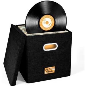 Vinyl Record Storage Box for up to 50+ 12-Inch Albums, Records Crate, LP Album Storage, Fabric Storage Boxes with Lids for Moving, Office, Closet, Home Organizer 13x13x13 (Gray)(Black)