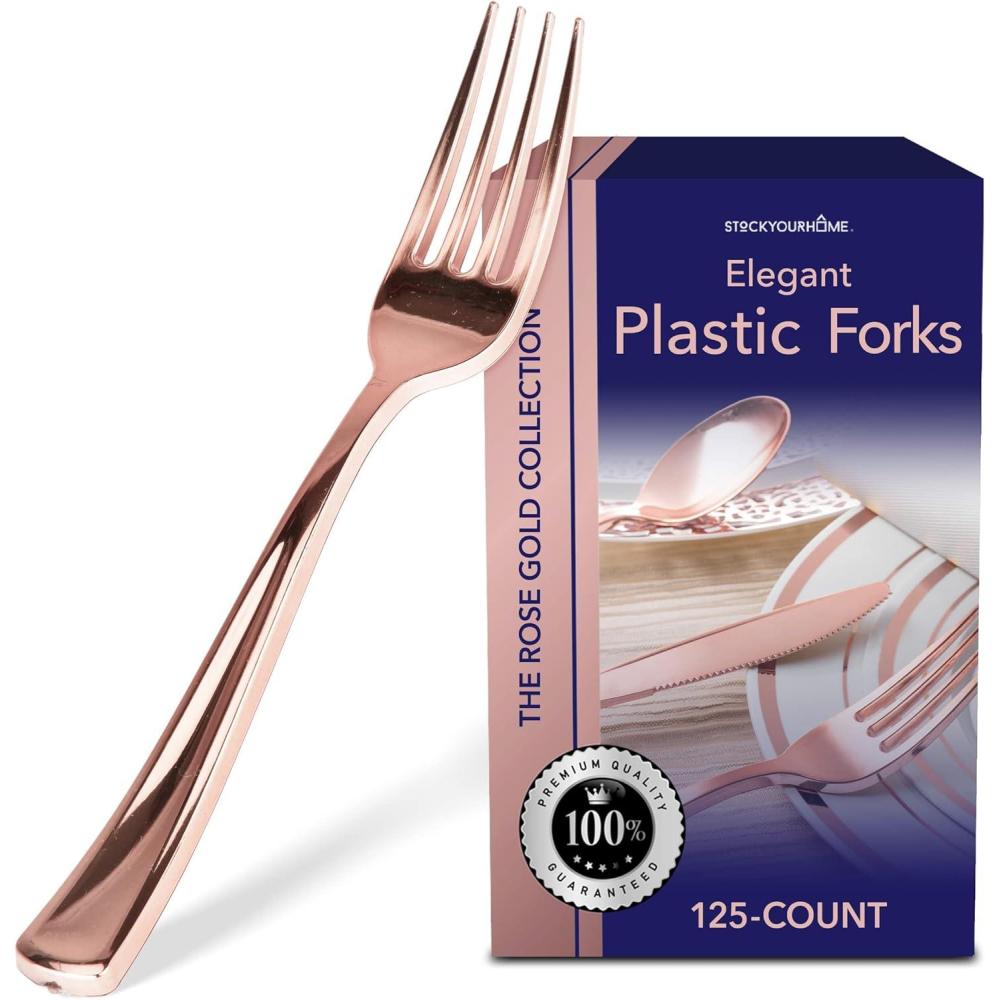imageStock Your Home 125 Disposable Heavy Duty Plastic Forks Fancy Plastic Silverware Looks Like Real Cutlery Utensils Perfect for Catering Events Restaurants Parties and Weddings Rose GoldRose Gold