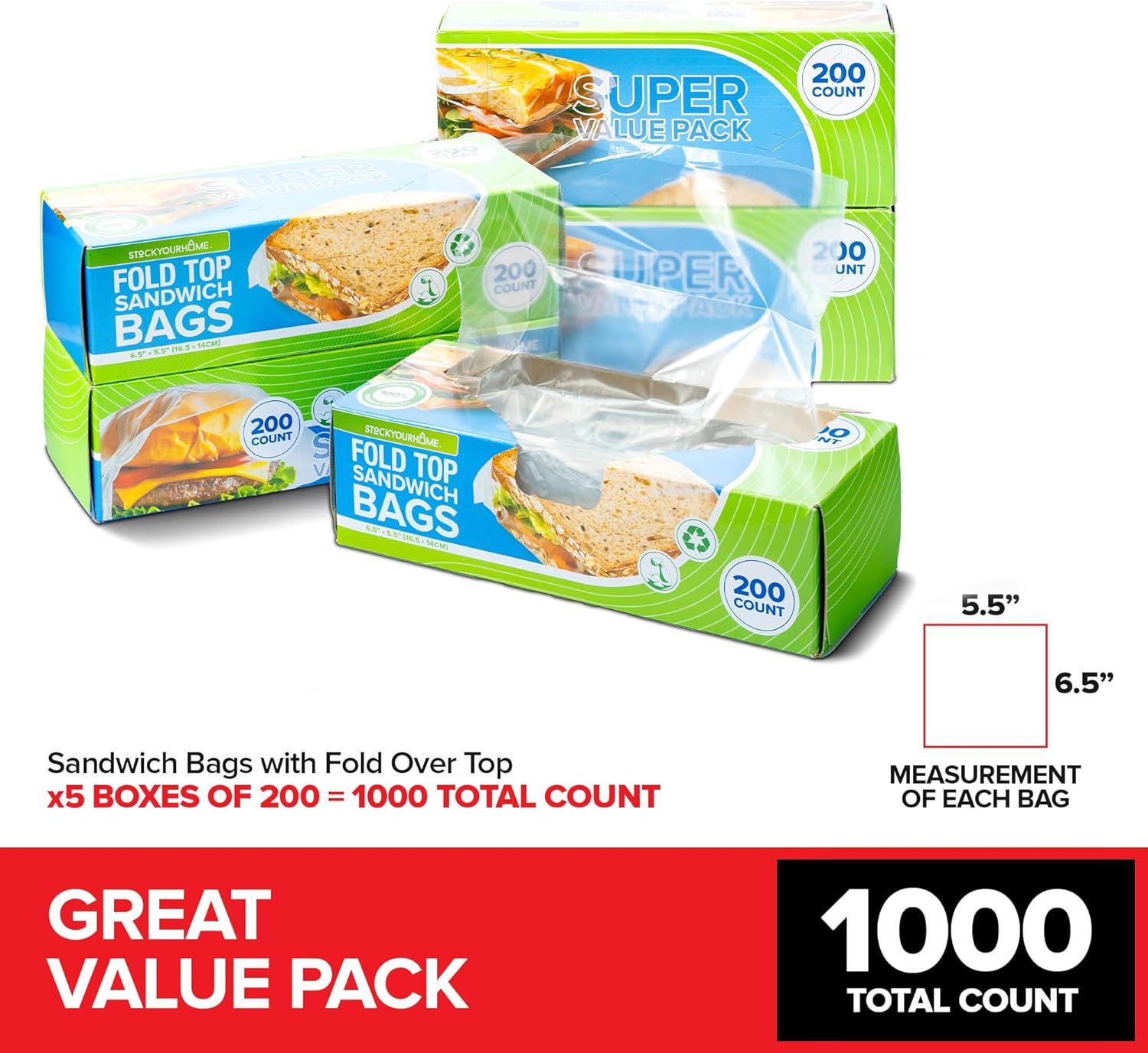 imageStock Your Home 200 Count Clear Fold Top Sandwich Bags Bulk Disposable Plastic Bags with Fold Over Closure for Restaurants Caterers and Home Food Storage1000