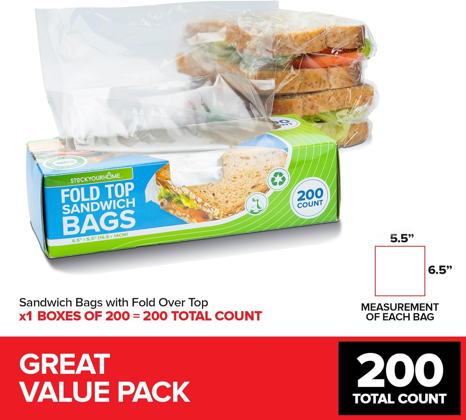 imageStock Your Home 200 Count Clear Fold Top Sandwich Bags Bulk Disposable Plastic Bags with Fold Over Closure for Restaurants Caterers and Home Food Storage200