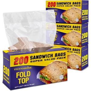 Stock Your Home 200 Count Clear Fold Top Sandwich Bags, Bulk Disposable Plastic Bags with Fold Over Closure for Restaurants, Caterers, and Home Food Storage(800)