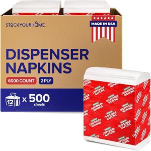 Stock Your Home 6000-Pack Paper Napkins Bulk 2-Ply, White Interfold Napkins Dispenser Refill (12 Packs of 500), Disposable Restaurant Napkins for Bathroom, Diner & Office(White)