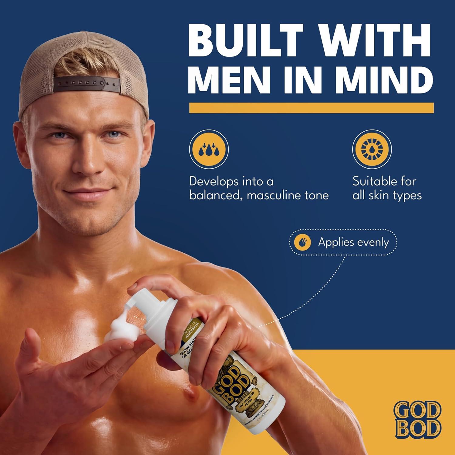 imageGod Bod Mens Self Tanner Foam StreakFree Bronze FastAbsorbing Made in Australia with Certified Organic Ingredients including Davidson Plum amp Aloe Vera 676 FL OZ