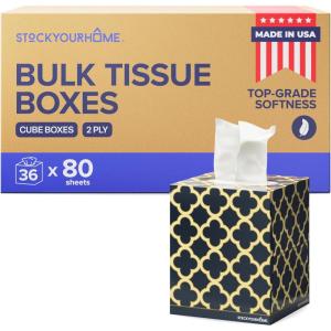 Stock Your Home Cube Tissue Boxes, 36 Pack Facial Tissues, Soft 2-Ply Paper Tissues, White Cube Tissue Boxes for Home, Office, Bathroom, Bedroom, or Classroom, Made In the USA