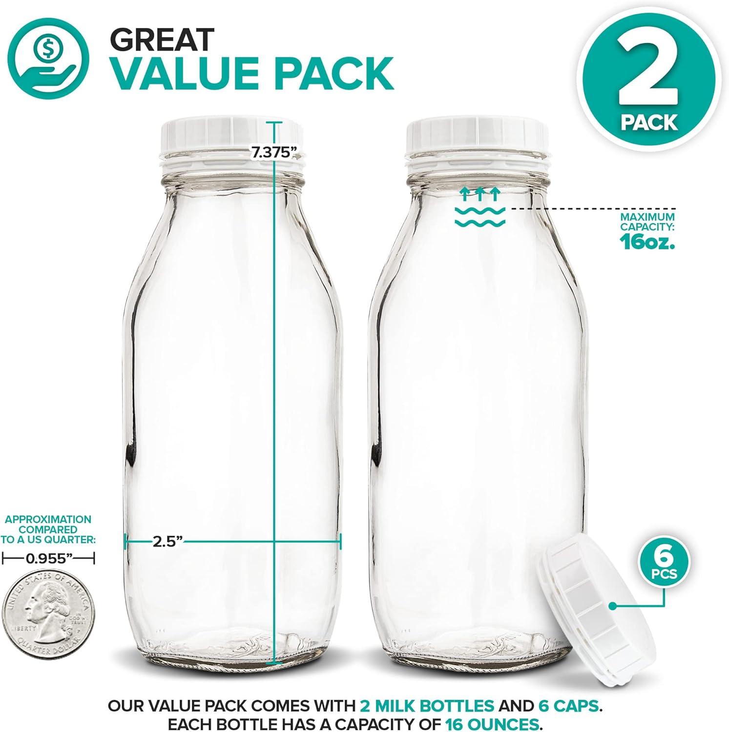 image16 oz Glass Juice Bottles With Caps 2 Pack Reusable Glass Bottles with 6 Tamper Proof SnapOn Caps Food Grade Glass Bottles Juice Containers with Lids for Cold Beverages Stock Your Home2