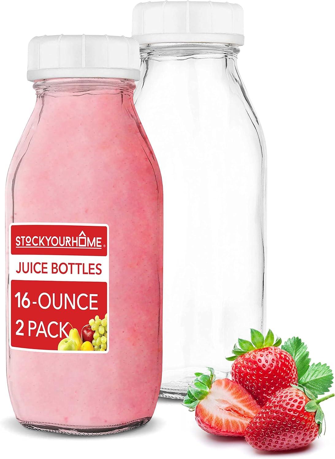 image16 oz Glass Juice Bottles With Caps 2 Pack Reusable Glass Bottles with 6 Tamper Proof SnapOn Caps Food Grade Glass Bottles Juice Containers with Lids for Cold Beverages Stock Your Home2